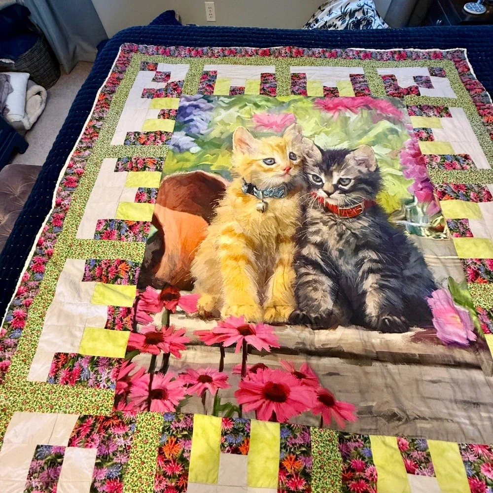 Quilt Two Adorable Kittens Pink Flowers Log Cabin Design Cozy Blanket 64